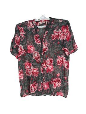 Millers Womens Floral Blouse Size 16 Sheer Short Sleeve Button-Up Shirt